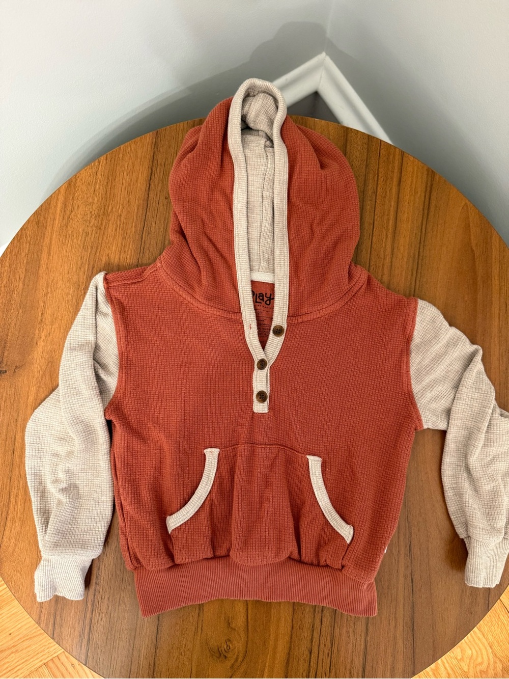 Rust Waffle-Knit Hooded Sweater with Cream Trim